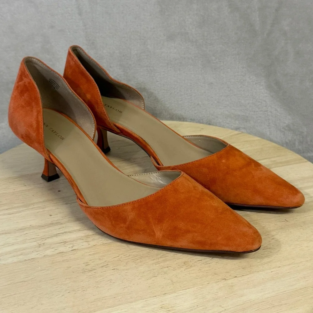 Ann Taylor Orange Suede d'Orsay Kitten Heel Pointed Toe Pumps Size 9.5M